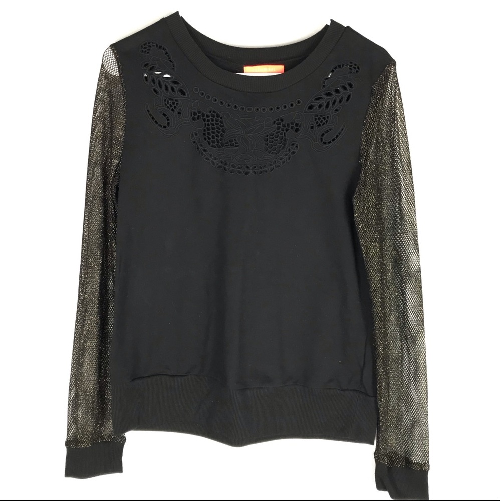 Lulumari Long Sleeve Crew Neck Knit Top Shimmer Sleeve Black Gold Crochet Sz M